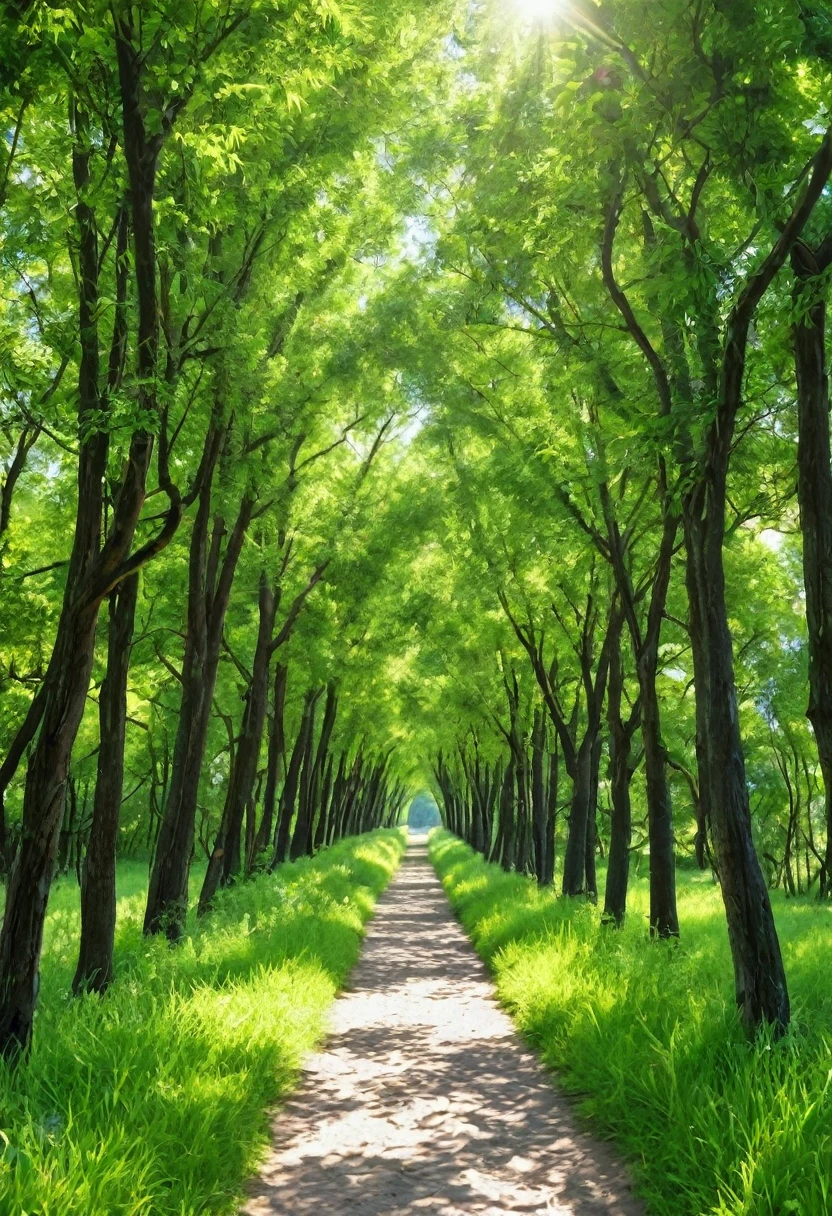 Photography，Summer in the countryside，Summer trees，The Trail，乡间The Trail，Green trees on both sides，The sun&#39;s rays are very strong，烈日Like flames，A ray of sunlight，Like flames，The light of flame，it&#39;s very windy，it&#39;s very windy，Blowing the leaves，The strong wind ruffled the leaves，Very windy，The branches were blown by the wind，Wind speed