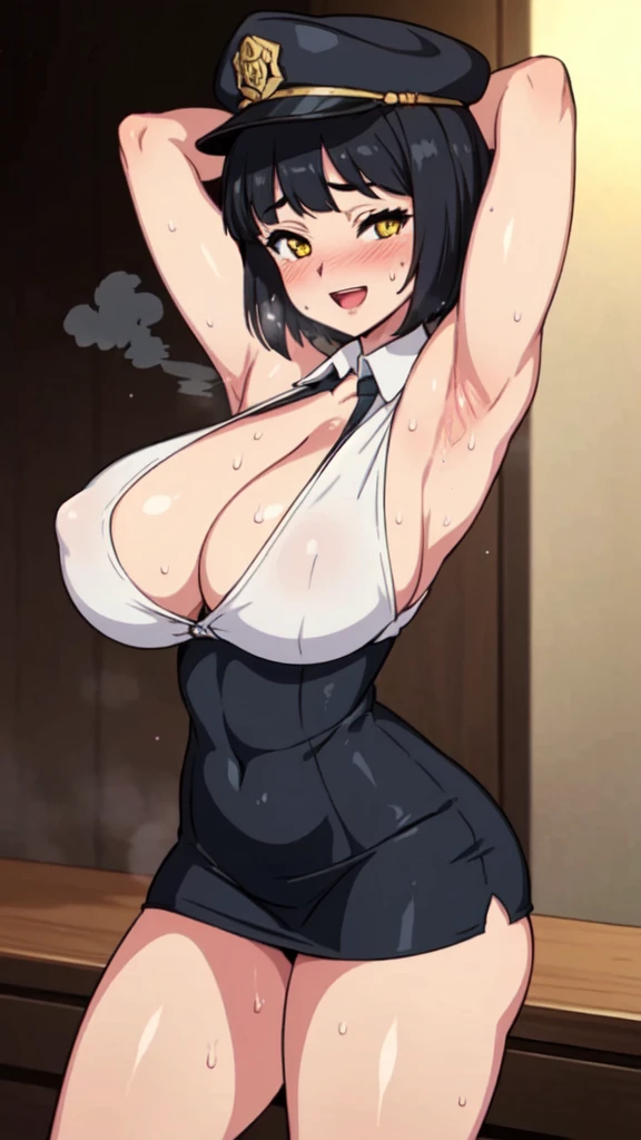 ((Tabletop, Highest quality, High resolution, Pixel Perfect, 4K, Browsing Caution)))、1 Girl, Beautiful woman、((Muscular))、((Bobcut、Blunt Bangs、Black Hair)), ((Yellow Eyes、Both eyes closed、Beautiful eyelashes, Realistic eyes)), ((Detailed face, blush:1.2)), ((Smooth texture:0.75, Realistic texture:0.65, Realistic:1.1, Anime CG Style))、((Huge 、Thick thighs)), Perfect body、Office room at night、Crouching、Spreading her legs、((((:d、blush))))、((Sweat、Steam from armpits))、(Place your hands behind your head、Underarm)、(Light blue sleeveless shirt、Black Pencil Skirt)、Police Hat