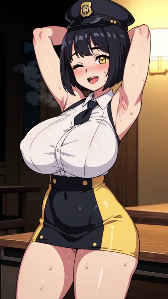 ((Tabletop, Highest quality, High resolution, Pixel Perfect, 4K, Browsing Caution)))、1 Girl, Beautiful woman、((Muscular))、((Bobcut、Blunt Bangs、Black Hair)), ((Yellow Eyes、Both eyes closed、Beautiful eyelashes, Realistic eyes)), ((Detailed face, blush:1.2)), ((Smooth texture:0.75, Realistic texture:0.65, Realistic:1.1, Anime CG Style))、((Huge breasts、Thick thighs)), Perfect body、Office room at night、Crouching、Spreading her legs、((((:d、blush))))、((Sweat、Steam from armpits))、(Place your hands behind your head、Underarm)、(Light blue sleeveless shirt、Black Pencil Skirt)、Police Hat