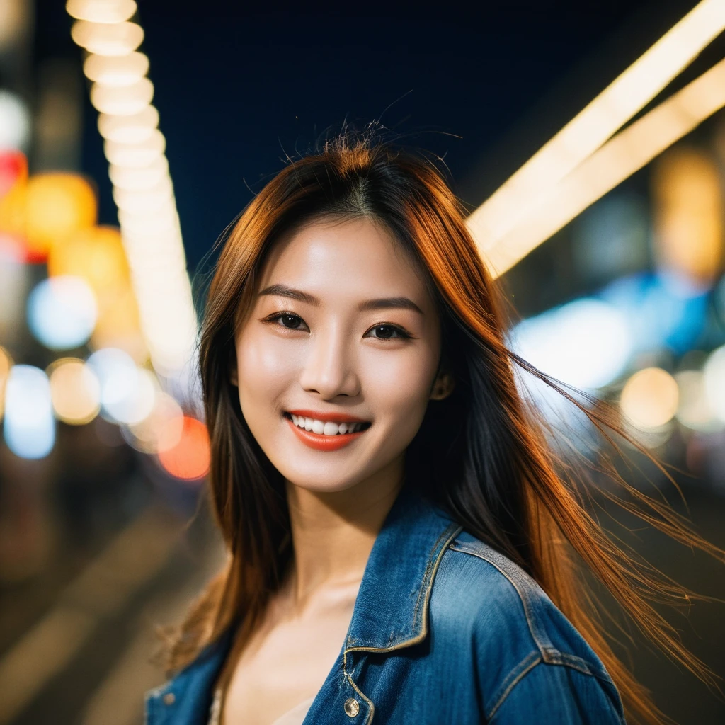 (upper body, from front bottom), Hasselblad X2D 100C + XCD 2,5/55V f/2, Kodak Professional Gold 200 film, sharp focus, ((a beautiful young idols face of Japanese model)), ((Newjeans Minji face: 1.0)), winged eye-liner, friendly smile, dynamic action posing, glowing bright realistic textures skin, long straight hair, wind storm tousling, film-grain, tilt shift, bokeh, shallowed depth of field, cinematic, Yaowarat road night background, vibrant heavenly lights sky, 