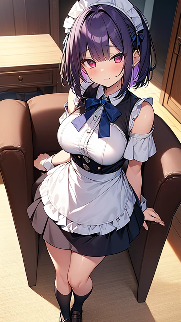 最high quality, high quality, Super detailed, 32k, Ultra-detailed details, Sister and maid, (オンリー, Standing, pretty girl, beautiful purple hair, short hair, Beautiful RED eyes, mature, Big Breasts, A light smile, Off-the-shoulder sleeveless Summer メイド服, Summer casual maid clothes, Short skirt, Blue and white color striped underwear, Black knee socks, loafers, My crotch is wet with love juice, 18-year-old,cute), {{The succubus peels the skin off her sister's face, sticks it on her face, and seduces her by dressing her as a maid.}}, She has transformed from a shy maid into a lewd one., A maid with her sister's face stuck on her face is vigorously pistoning her body, A maid who moves her body vigorously without caring if her breasts bounce, Super detailed, indoor, Full body image, ((Head to Toe:1.3)), NSFW