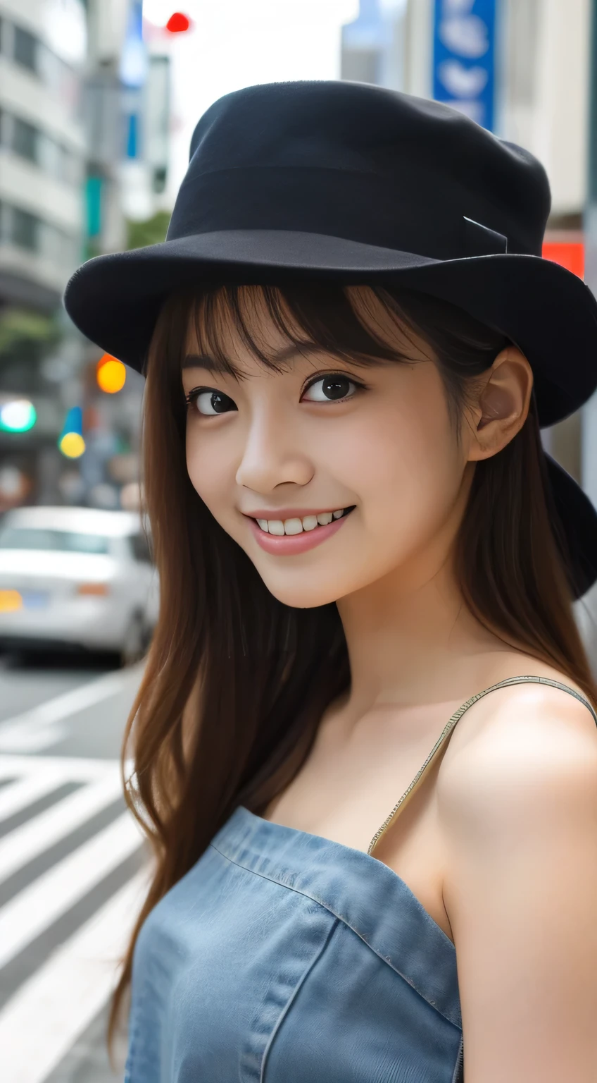 masterpiece,best quality,(Japanese ),((Beautiful girl)),(perfect body beauty:1.2),(shy smile),beautiful teeth,(bright colored hat),(Shibuya scramble crossing),