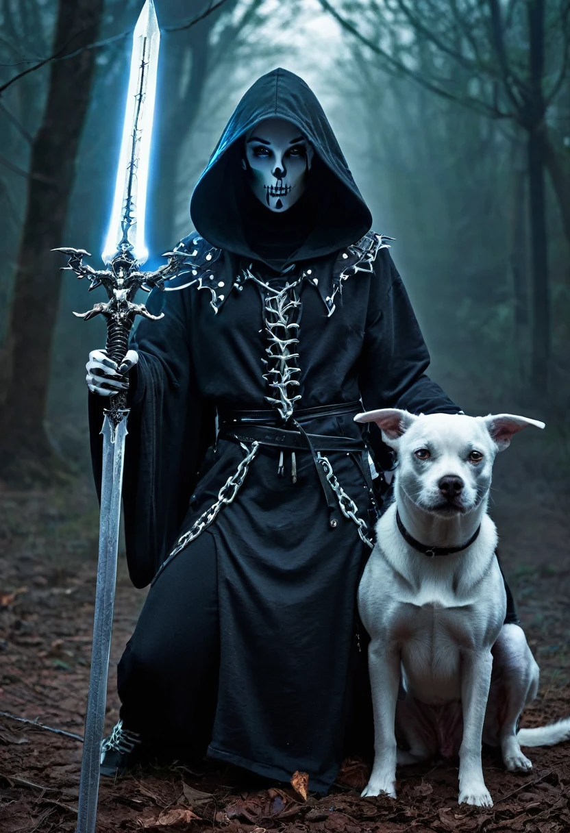 a picture of a man in a hoodedie holding a sword and a dog, necromancy, necromancer, neuromancy, insanity girl summon her death, summon, cyborg necromancer, necro, demon necromancer, necronomicon style, male necromancer, ghostly necromancer