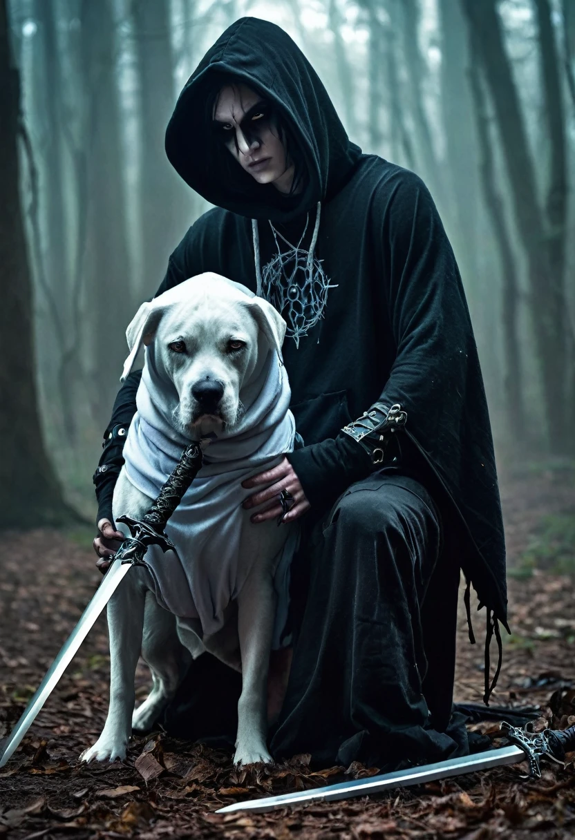 a picture of a man in a hoodedie holding a sword and a dog, necromancy, necromancer, neuromancy, insanity girl summon her death, summon, cyborg necromancer, necro, demon necromancer, necronomicon style, male necromancer, ghostly necromancer