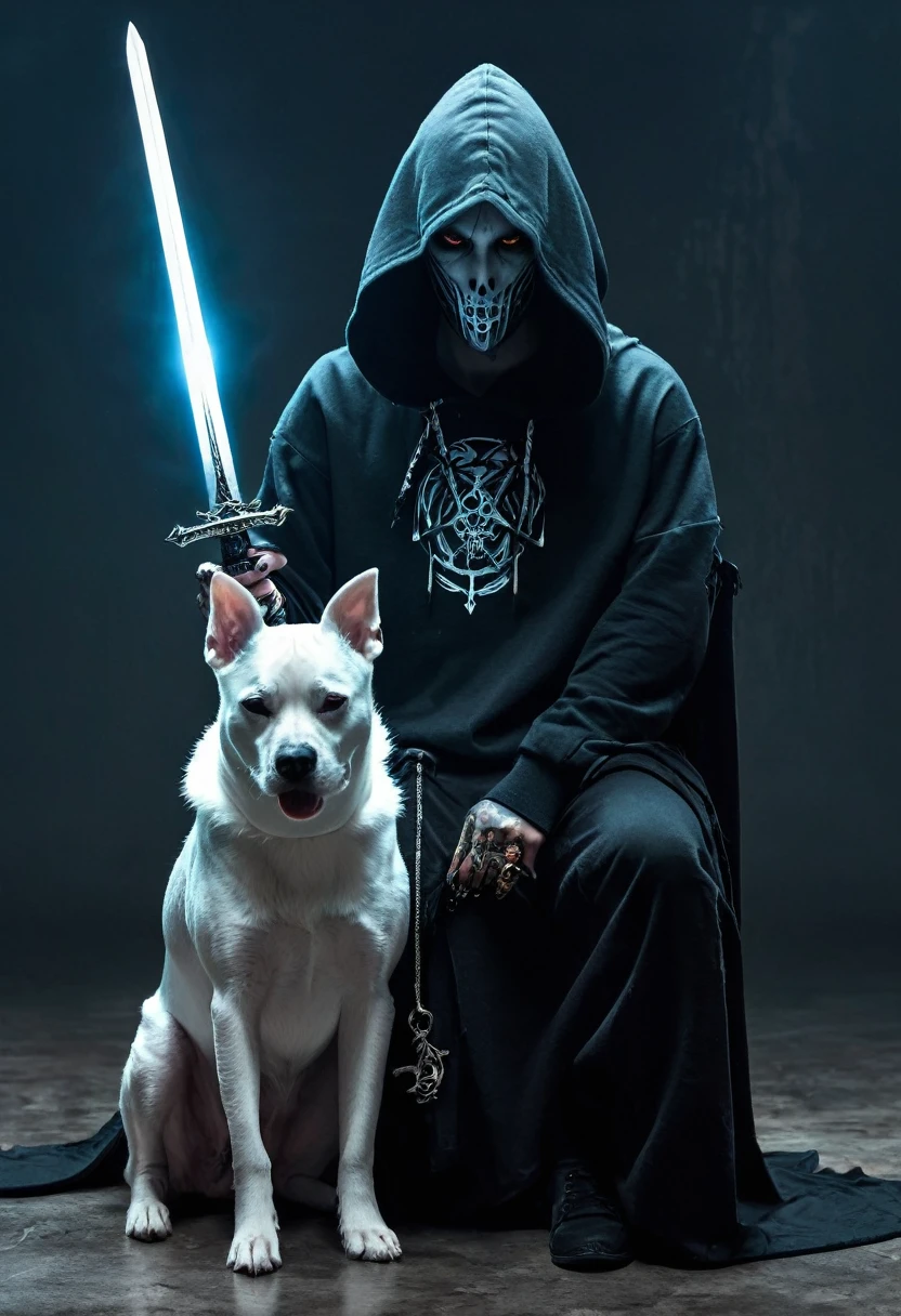 a picture of a man in a hoodedie holding a sword and a dog, necromancy, necromancer, neuromancy, insanity girl summon her death, summon, cyborg necromancer, necro, demon necromancer, necronomicon style, male necromancer, ghostly necromancer