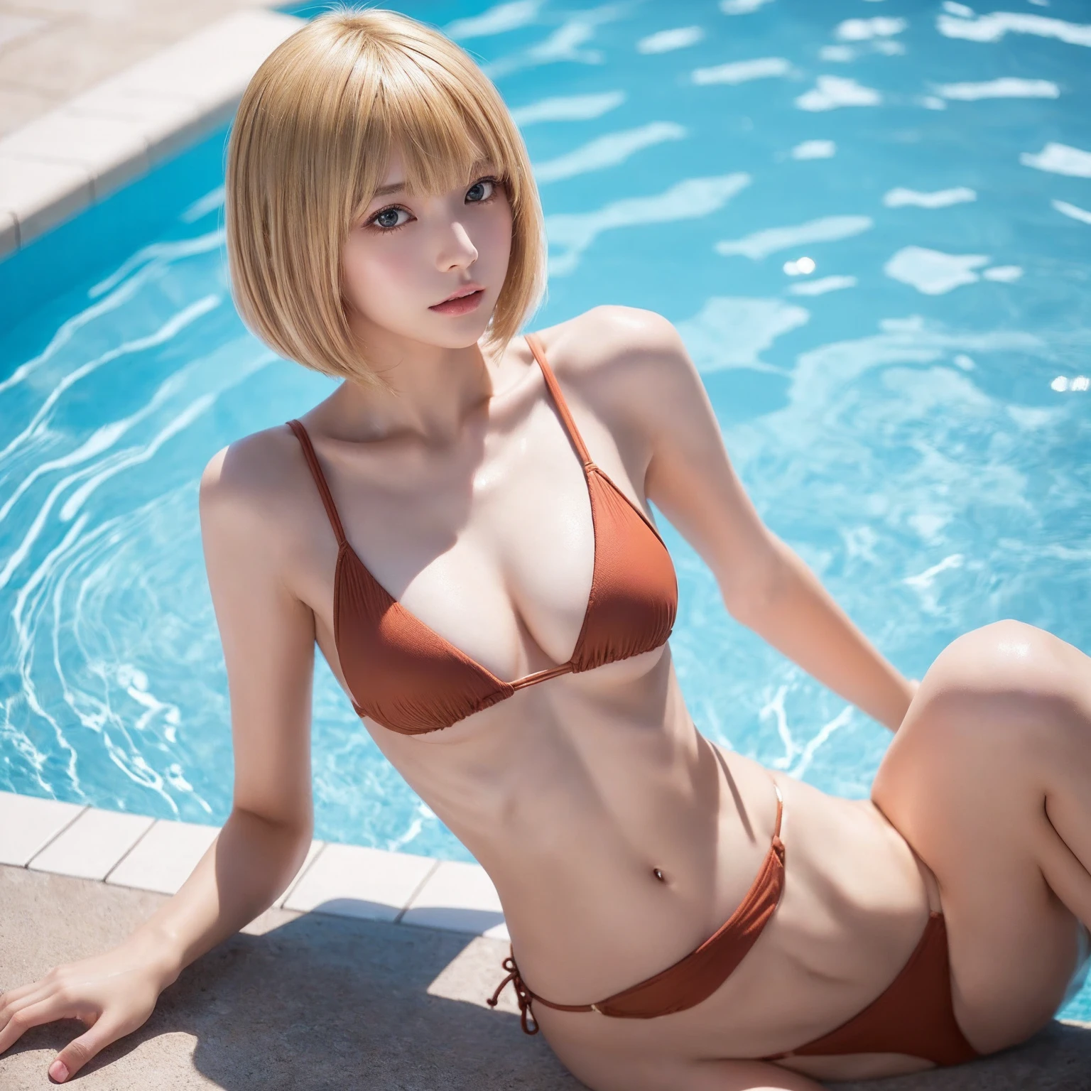 masterpiece, Highest quality, Very detailed))), 1 female, (((Very thin body))) , (((length, Thin legs))), (((Blonde Short Hair, Thick and fluffy bangs ))), (((Very detailedな顔))), Cosmetics Free, small, Thin Nose, small thin mouth, (((Extremely sharply focused eyes))), Japanese, Beautiful Face, (A vivid face), Beautiful Hairstyles, Realistic eyes, Beautiful and beautiful eyes, Brown skin,(Realistic Skin), (bikini、Swimwear,summer),Poolside,Her breasts are exposed up to her nipples