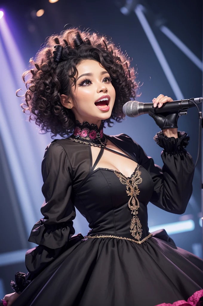 Create a singing chimpanzee with curly hair, dress, makeup.