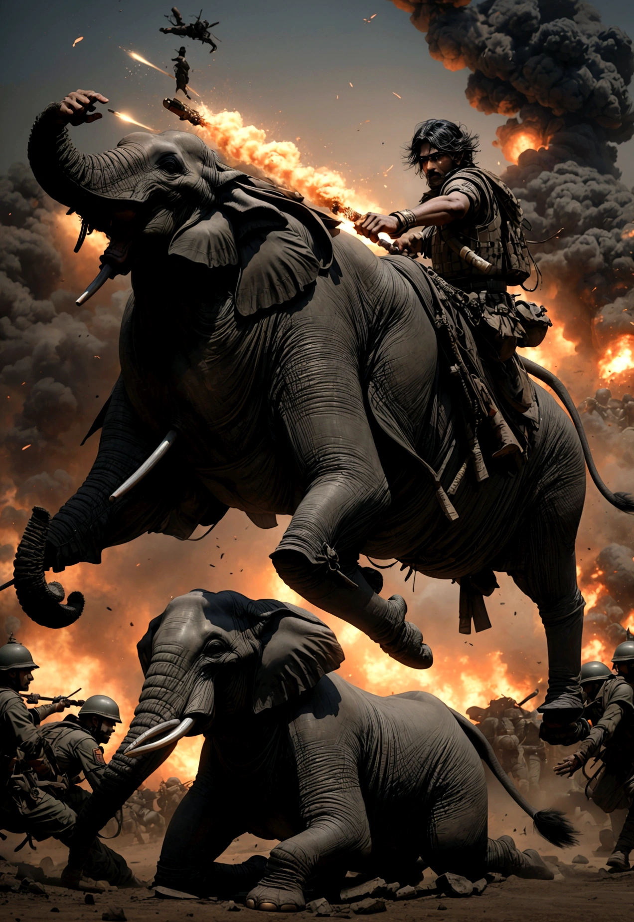 a historical battle between the indian army and the arab army, dead war elephants, battle scene, military combat, war weapons, explosions, smoke, dust, chaos, intense drama, cinematic lighting, epic scale, muted color palette, moody atmosphere, highly detailed, hyper realistic, photorealistic, 8k, masterpiece, sophisticated composition, dramatic chiaroscuro, stunning visual effects, ultra detailed
