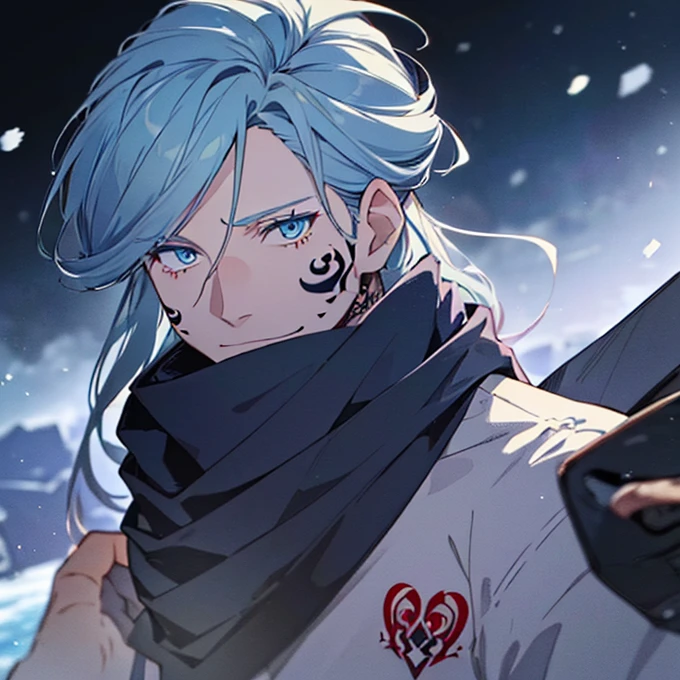 (Messy blue hair),(((一人のエルフのmale))),high quality,Heavy clothing,Adventurer,winter,(Hiding the mouth with a scarf),A moving picture,(((body shot))),Wizard,In combat,((((male)))),((High fantasy clothing)),((((the presence of a tattoo on the face))))