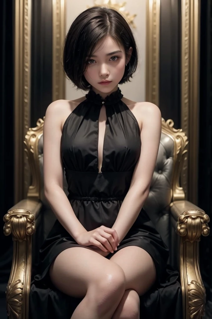 young, elegant girl in a black dress and short hair sitting on a throne 