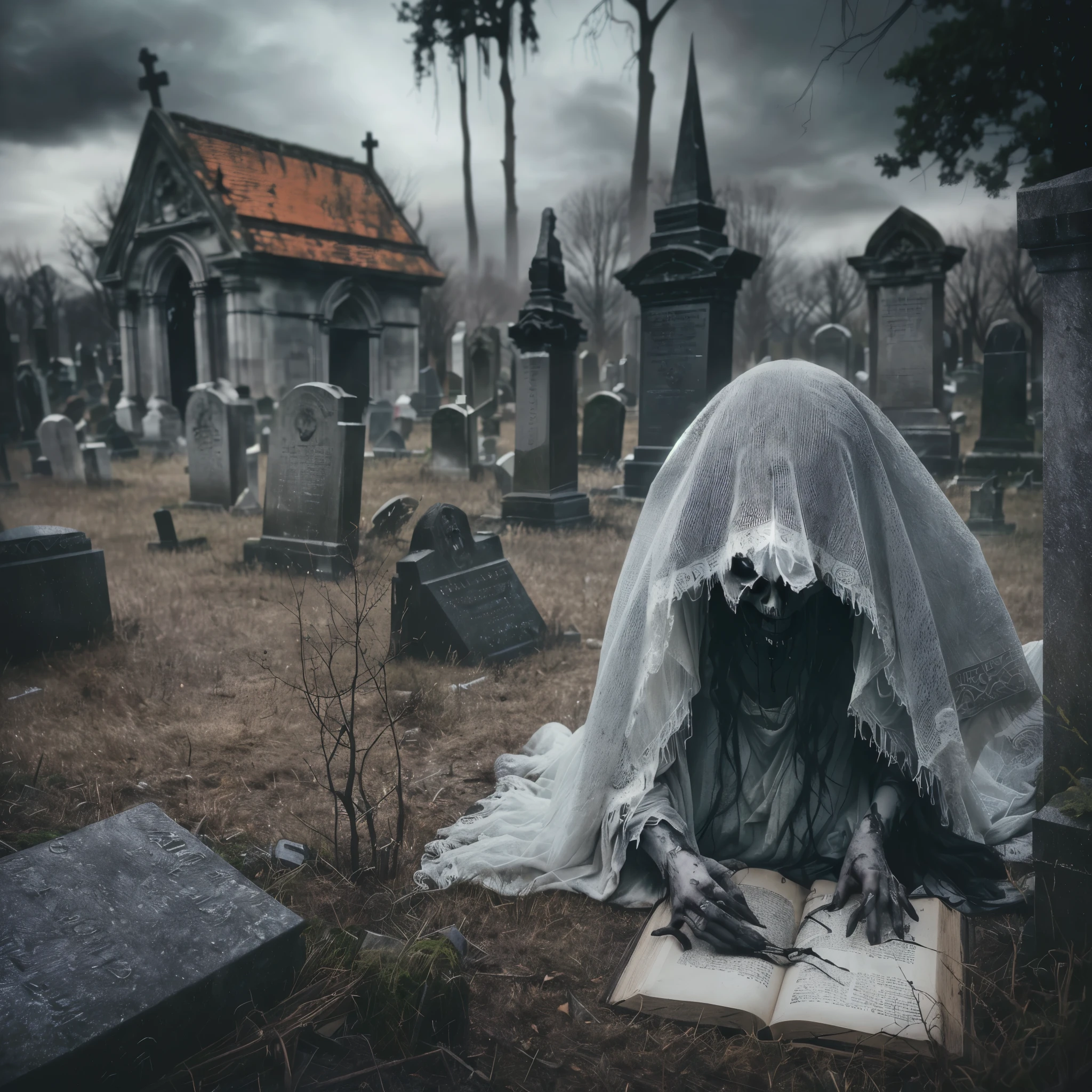 there is a person sitting on the ground with a book, goddess of death in a graveyard, in a graveyard, realistic fantasy photography, in the middle of a graveyard, spiritual eerie creepy picture, photo manipulation, photorealistic dark concept art, surreal dark art, creative photo manipulation, death dreaming about death, haunted and sad expression, creepy and dramatic atmosphere, spooky photo