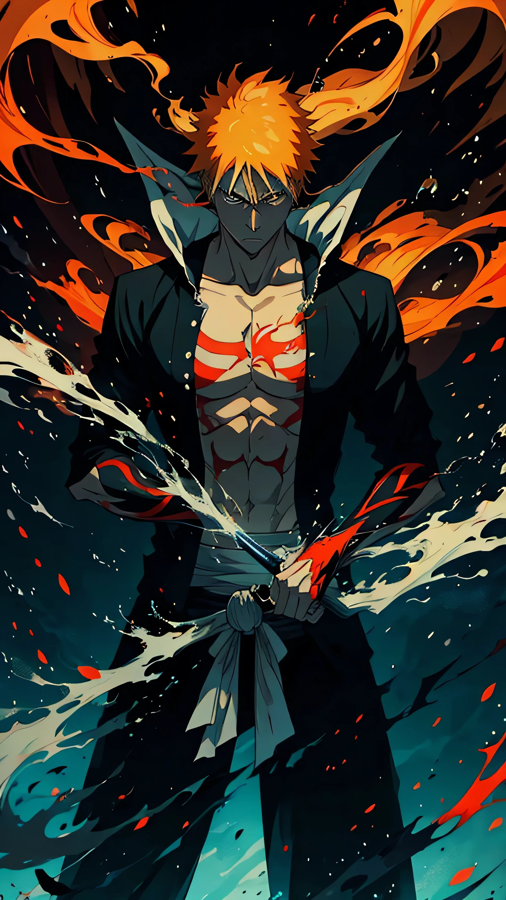 (masterpiece, best quality:1.2),1boy,solo, Ichigo kurosaki, orange hair, badass pose,bleach, powerful aura,red aura,8k,64k, HD, unparalleled masterpiece, dynamic lighting, cinematic, epic, highest quality digital art, Stunning art, wallpaper 4k, official art for bleach,art by Tite Kubo, absolutely stunning art