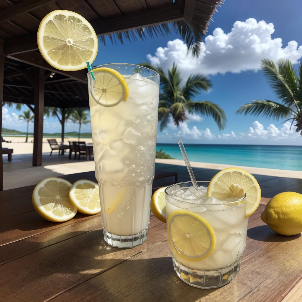 I want a cold glass of soda with a slice of lemon on top with a paradisiacal setting 