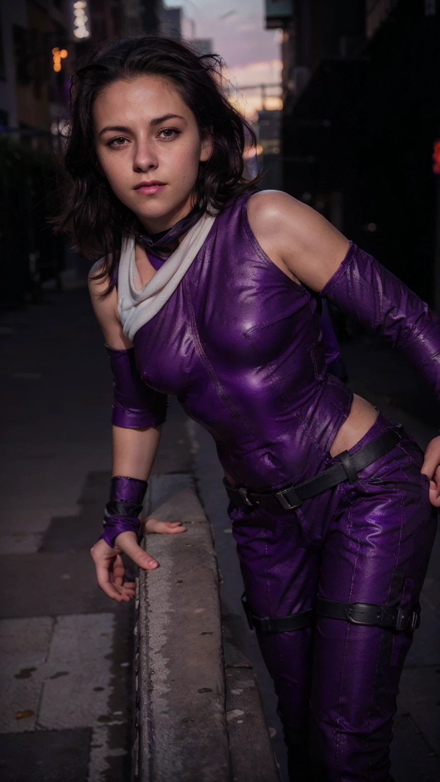 (masterpiece), (photorealistic1.4), (1 girl), (solo), (best quality), (epiCRealLife), (Kate Bishop long hair), (sleeveless top), (kateb2023 black utility belt), (kateb2023 purple costume), (purple pants) (kateb2023 purple sleevless bodysuit), (kst3w white scarf),(white scarf), (kateb2023 purple sunglasses) (bare shoulder), (night time), (kateb2023 wearing black boot), (elbow gloves), (abs), (flash photography), (flashphoto), (outdoor), , (sunset), (wearing black boots), (look at viewers),(light smile), (city night view), (standing on new york city top), (from side),