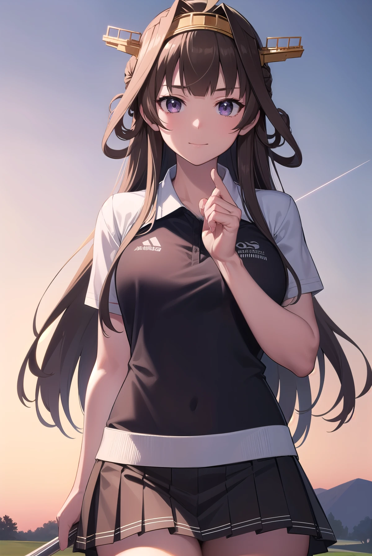 KanColle Kongou, black, Ahoge, Brown Hair, Double Bang, Hair Bun, Hair Bunド, headgear, Long Hair, (Purple eyes:1.1), 
(Golf Wear), (Pleated skirt)
壊す looking at viewer, 
Destroy outdoors,Golf break (masterpiece:1.2), Highest quality, High resolution, unity 8k wallpaper, (figure:0.8), (Beautiful attention to detail:1.6), Highly detailed face, Perfect lighting, Highly detailed CG, (Perfect hands, Perfect Anatomy),