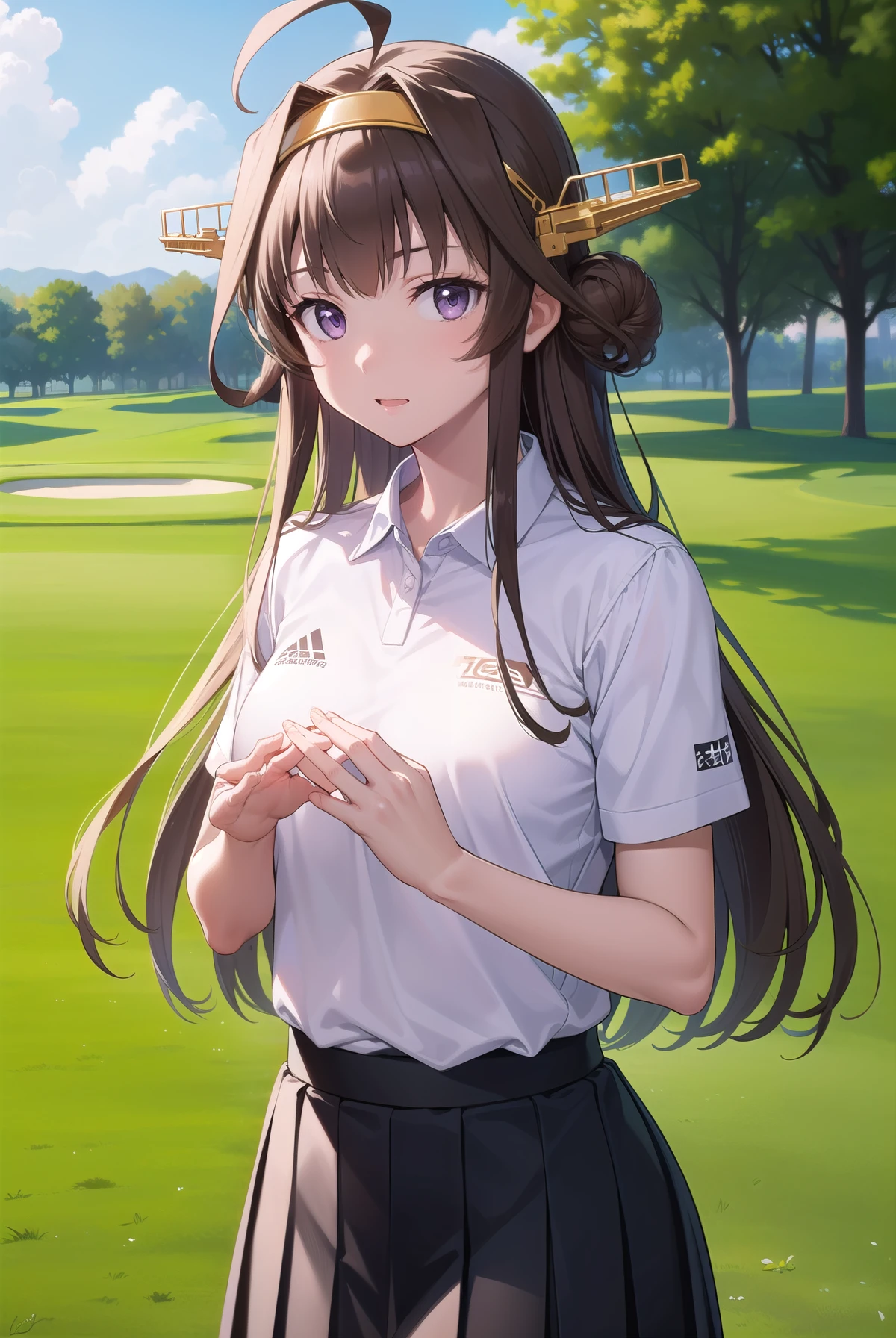 KanColle Kongou, black, Ahoge, Brown Hair, Double Bang, Hair Bun, Hair Bunド, headgear, Long Hair, (Purple eyes:1.1), 
(Golf Wear), (Pleated skirt)
壊す looking at viewer, 
Destroy outdoors,Golf break (masterpiece:1.2), Highest quality, High resolution, unity 8k wallpaper, (figure:0.8), (Beautiful attention to detail:1.6), Highly detailed face, Perfect lighting, Highly detailed CG, (Perfect hands, Perfect Anatomy),