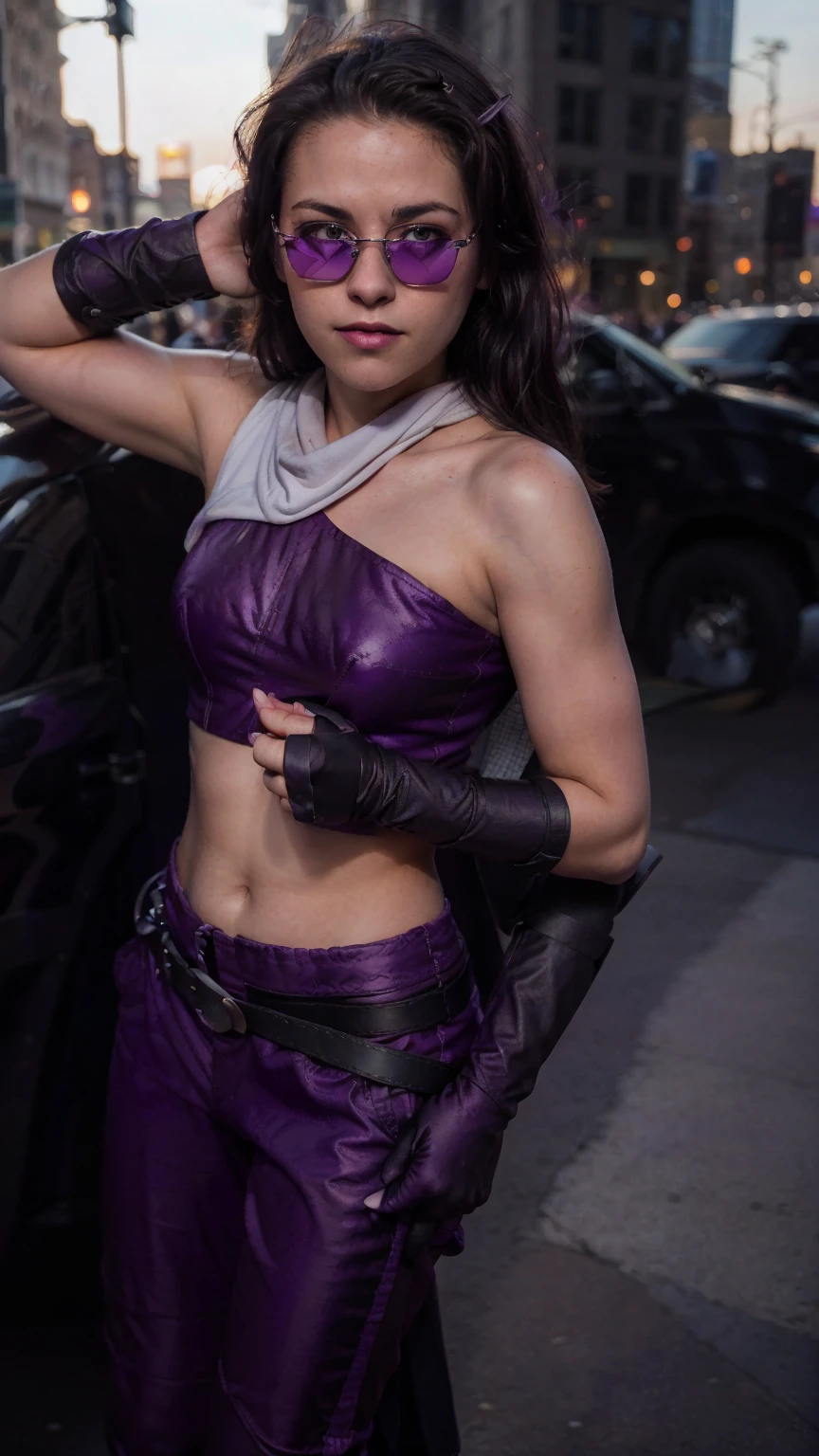 (masterpiece), (photorealistic1.4), (1 girl), (solo), (best quality), (epiCRealLife), (Kate Bishop long hair), (sleeveless top), (kateb2023 black utility belt), (kateb2023 purple costume), (purple pants) (kateb2023 purple sleevless bodysuit), (kst3w white scarf),(white scarf), (kateb2023 purple sunglasses) (bare shoulder), (night time), (kateb2023 wearing black boot), (elbow gloves), (abs), (flash photography), (flashphoto), (outdoor), , (sunset), (wearing black boots), (look at viewers),(light smile), (city night view), (cowboy shots)m, (standing on new york city top), (from side),