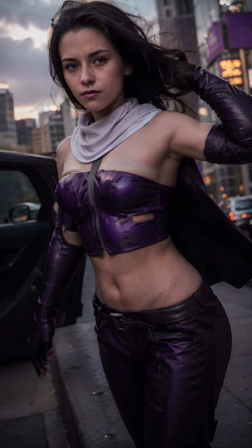 (masterpiece), (photorealistic1.4), (1 girl), (solo), (best quality), (epiCRealLife), (Kate Bishop long hair), (sleeveless top), (kateb2023 black utility belt), (kateb2023 purple costume), (purple pants) (kateb2023 purple sleevless bodysuit), (kst3w white scarf),(white scarf), (kateb2023 purple sunglasses) (bare shoulder), (night time), (kateb2023 wearing black boot), (elbow gloves), (abs), (flash photography), (flashphoto), (outdoor), , (sunset), (wearing black boots), (look at viewers),(light smile), (city night view), (cowboy shots)m, (standing on new york city top), (from side),