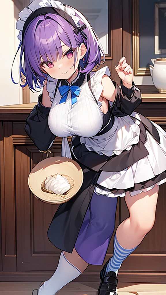 最high quality, high quality, 16K full body image, Ultra-detailed details, pretty girl, alone, beautiful purple hair, Beautiful purple eyes, Big Breasts, A light smile, Summer clothes, Summer Maid clothes, I'm lifting my skirt, Blue and white color striped underwear(Bikini swimsuit under skirt), My crotch is wet with love juice, {{A succubus who steals the face skin and maid uniform from the girl she likes and plays pranks on her、I&#39;m wearing a maid outfit while pretending to be the girl I like.}}, The girl I like is a high school girl, Full body image, NSFW