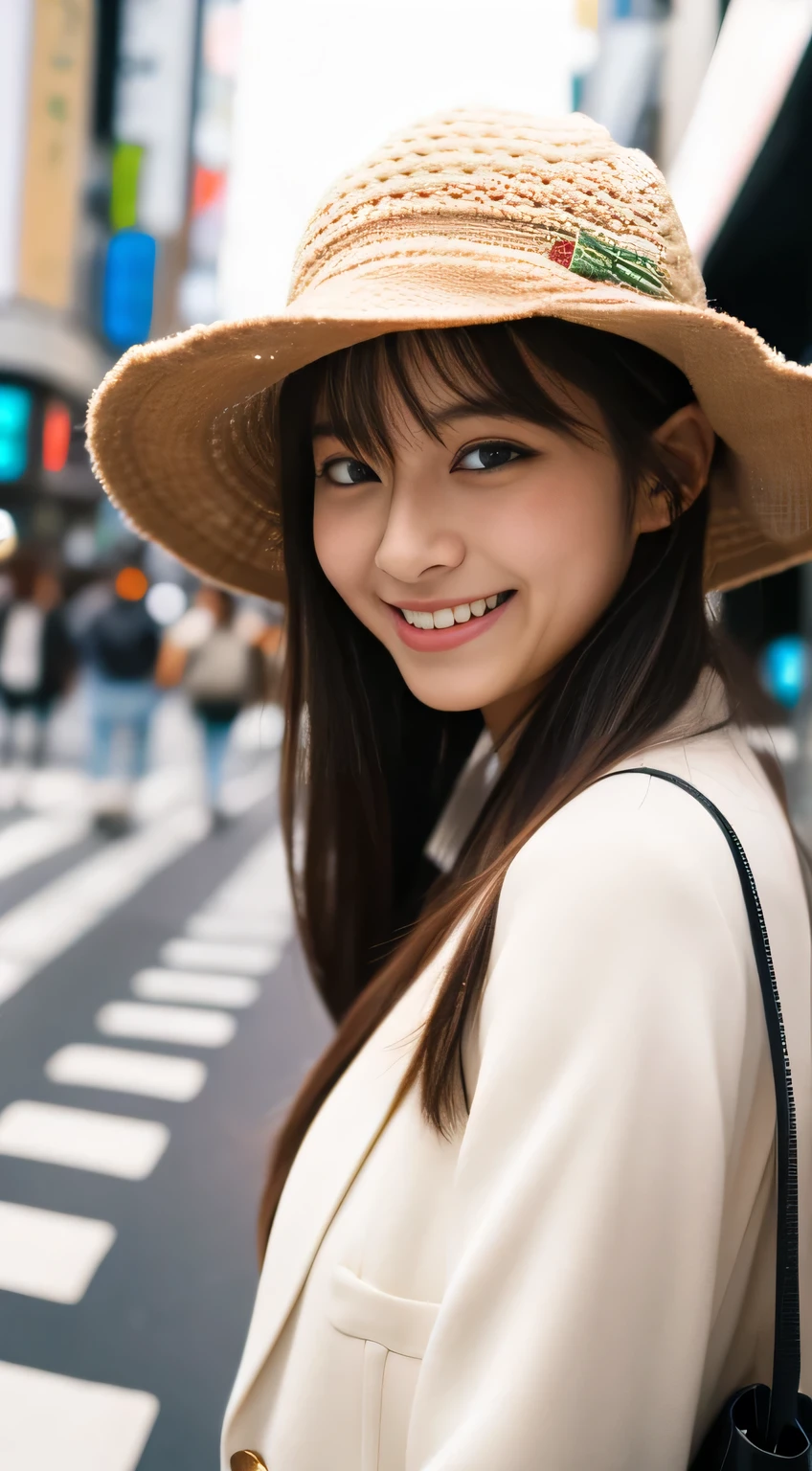 masterpiece,best quality,(Japanese ),((Beautiful girl)),cleavage,(perfect body beauty:1.2),(shy smile),beautiful teeth,(hat),(Shibuya scramble crossing),