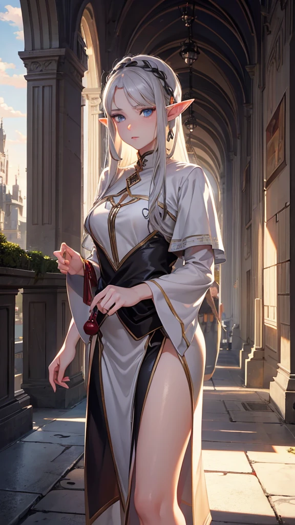 A white skinned girl,grey eyes,(Elf's ears), long black hair and ancient princess clothing