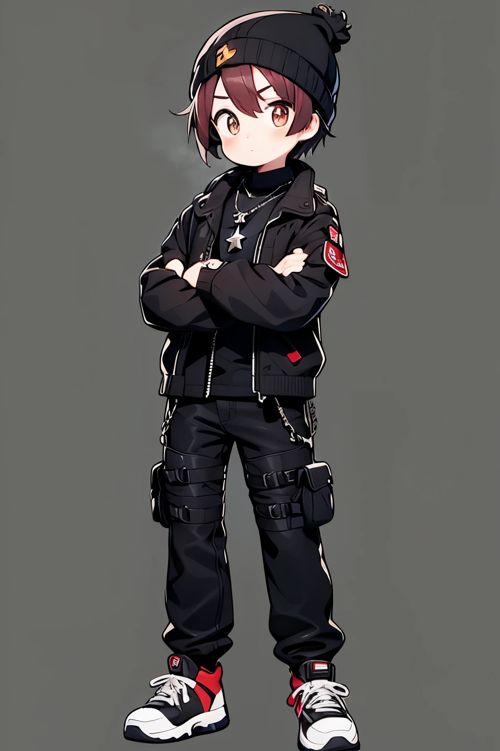 anime guy , showing full body and his shoes , dark brown eyes , leather black jacket , big massive black beanie covering his redhaired short hair, black shirt, black jeans , normal face, handsome guy, 3 silver necklaces on his neck, showing his silver rings on his hands, standing up, crossing arms, black convers, nice background, pretty face, full body showing complete shoes and showing his hands making a korean sign showing his rings