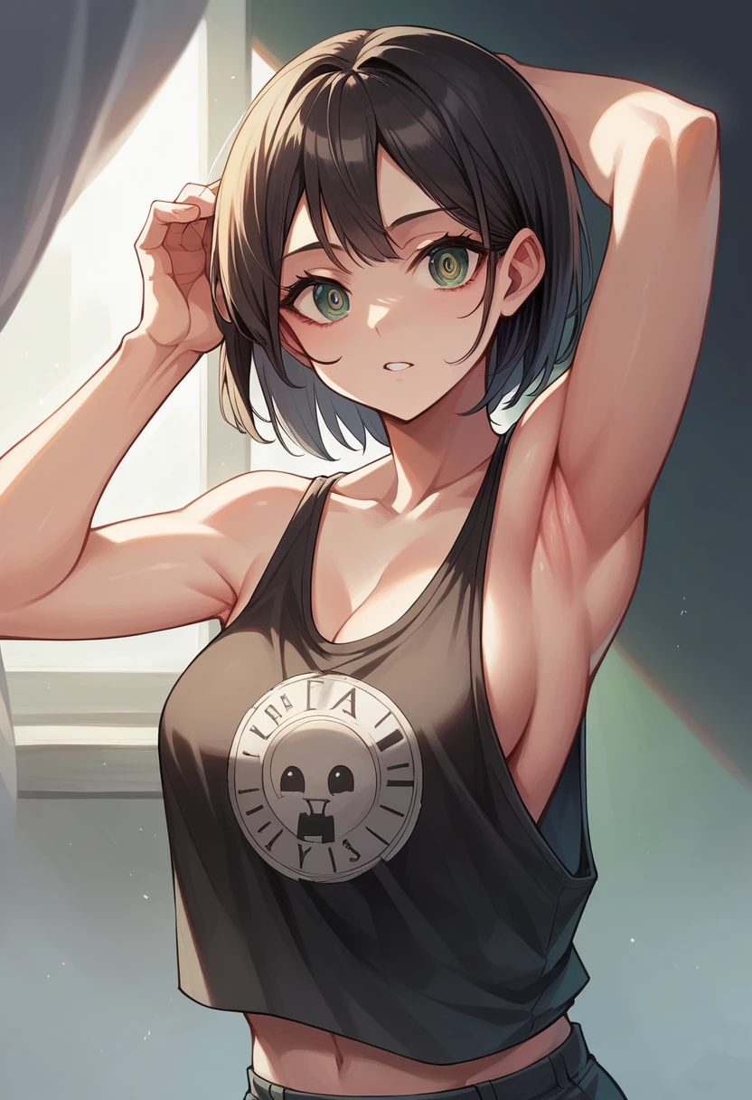 ((Best quality, 8k, Masterpiece :1.3)), 1girl, Pretty woman with emphasizing slender abs :1.3, (random hairstyles :1.2), Oversized tank top :1.2, Ultra-detailed face, Detailed eyes, Double eyelid, armpit