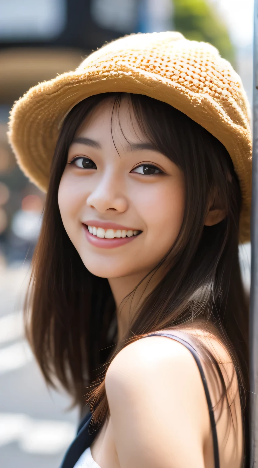 masterpiece,best quality,(Japanese ),((Beautiful girl)),cleavage,(perfect body beauty:1.2),(shy smile),beautiful teeth,(straw hat),(seaside),