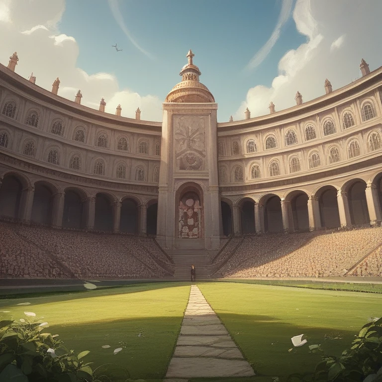 Beautiful, realistic aerial view of medieval Roman society., The city sprawls across the landscape with its grand and numerous intricate stone buildings and cobbled streets., The mighty Colosseum dominates the centre., bustling market, and lively squares filled with people, Surrounded by lush farmland and meandering rivers., photography, High resolution drone camera with professional 8k hd lens.