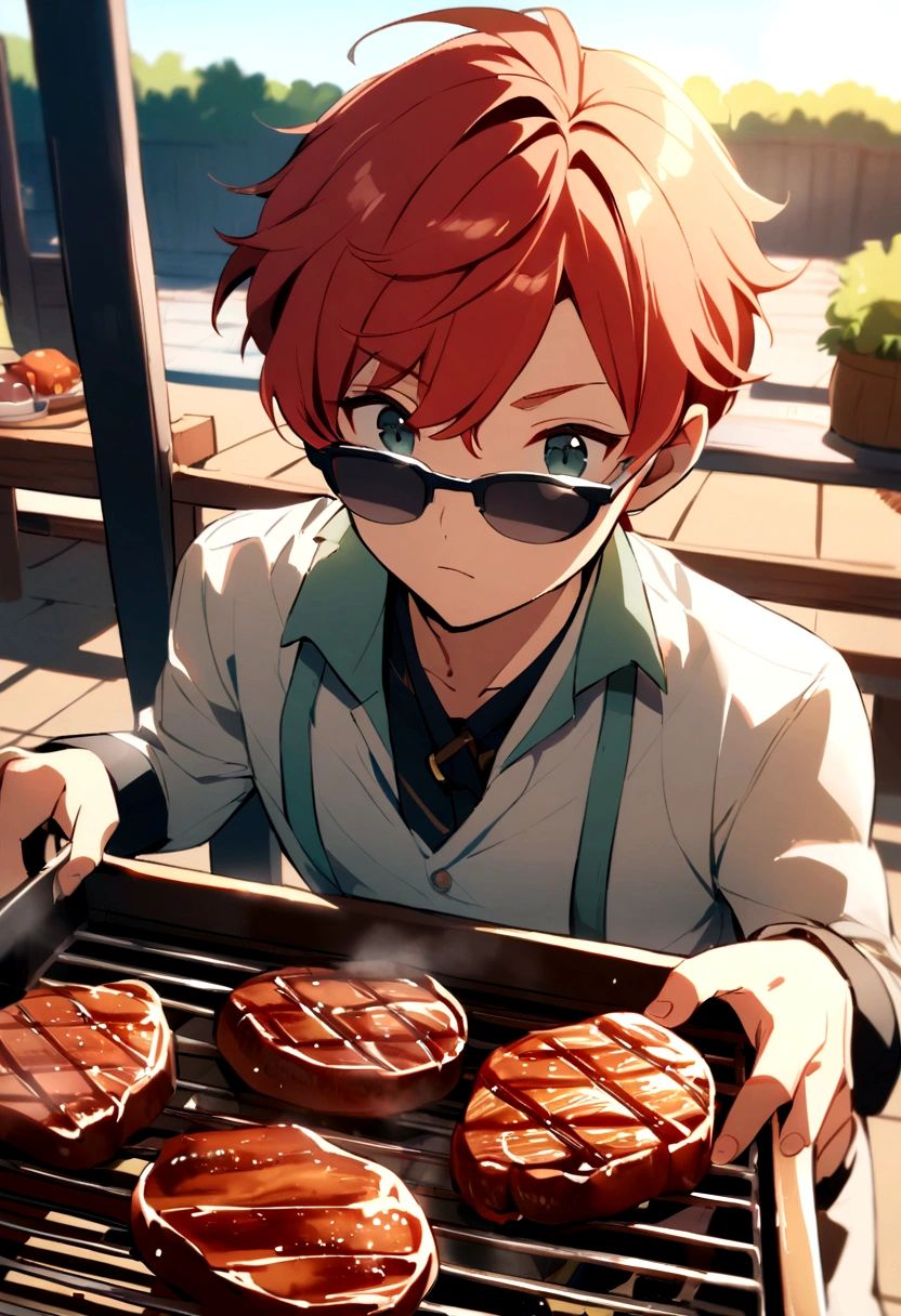 Redhead, 1 boy, Grilled meat, Grey sunglasses