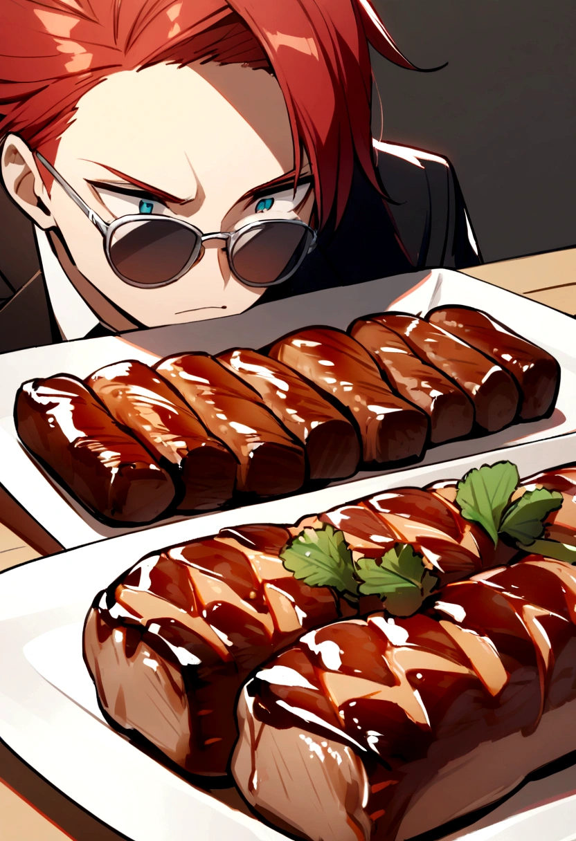 Redhead, 1 boy, Grilled meat, Grey sunglasses