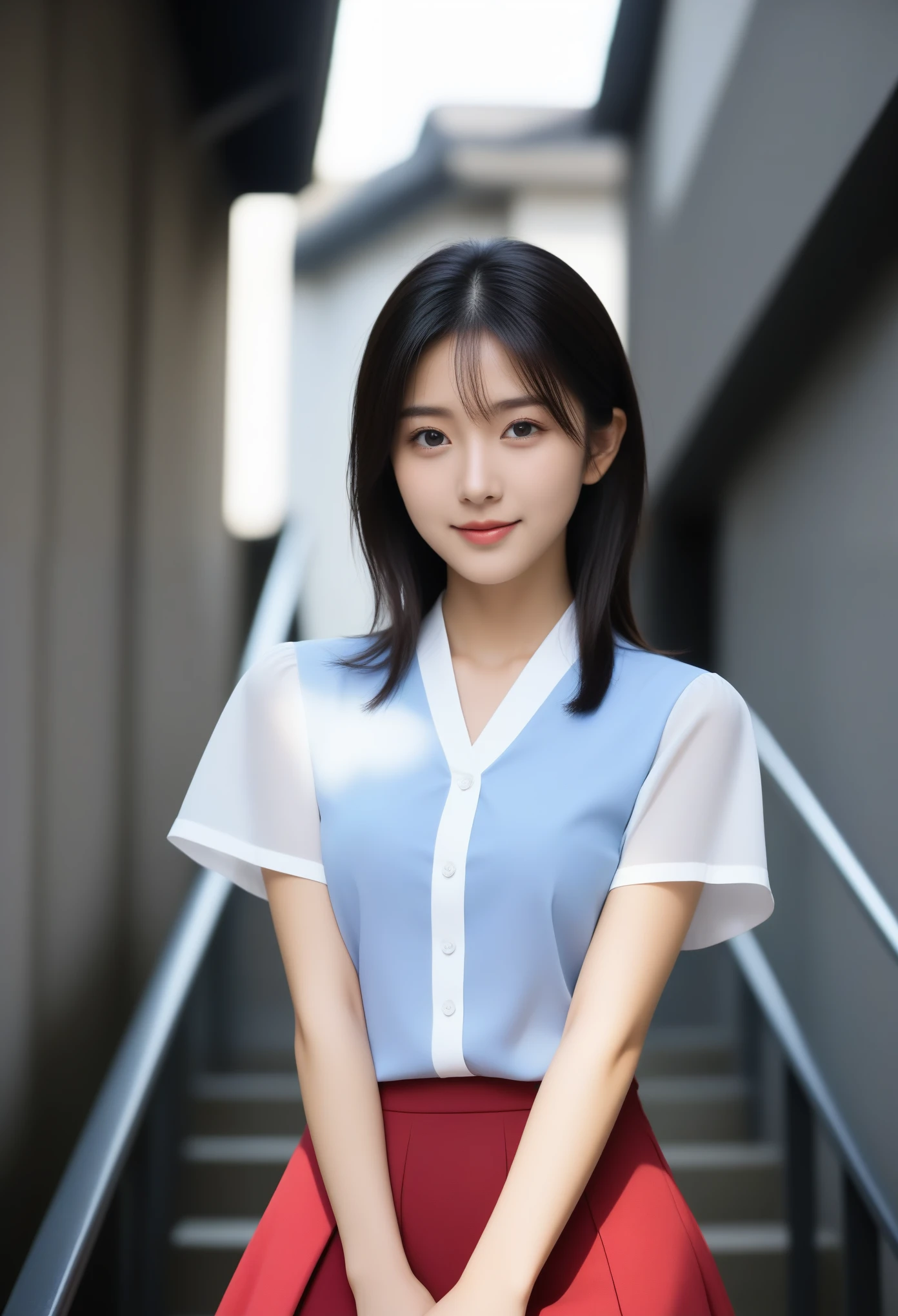 8K, Ultra-high resolution, Highest quality, masterpiece, 三分割法によるphotograph,Surreal, photograph, 1 Girl, (:1.3), pretty girl, Cute face, Beautiful eyes in every detail, 細かくdetailedに,masterpiece,, One Girl:1.2, Japan Female Announcer,full body,from below,((very small head:1.3)),Center-parted bangs,amount,Black Hair,Long Hair,Iris,Gorgeous eyes,smile,((Toned body,Slender body,skinny)),(White collared short sleeve blouse,Leather pencil skirt),Glowing Skin,Shiny skin,Climbing the stairs,Fire escape in a building,Beautiful leg line beauty,Captivating thighs,Full of sex appeal,Sensual,屈託のないsmile,Heal the heart,Short ponytail、beauty,Long neck、Laugh a little、Please close your mouth and laugh、(((Ideal body type))),A cup small breasts :2,、Portraiture:2、Perfect Anatomy、鮮明なdetailed、detailed、Surreal、Light and shadow,Strong light