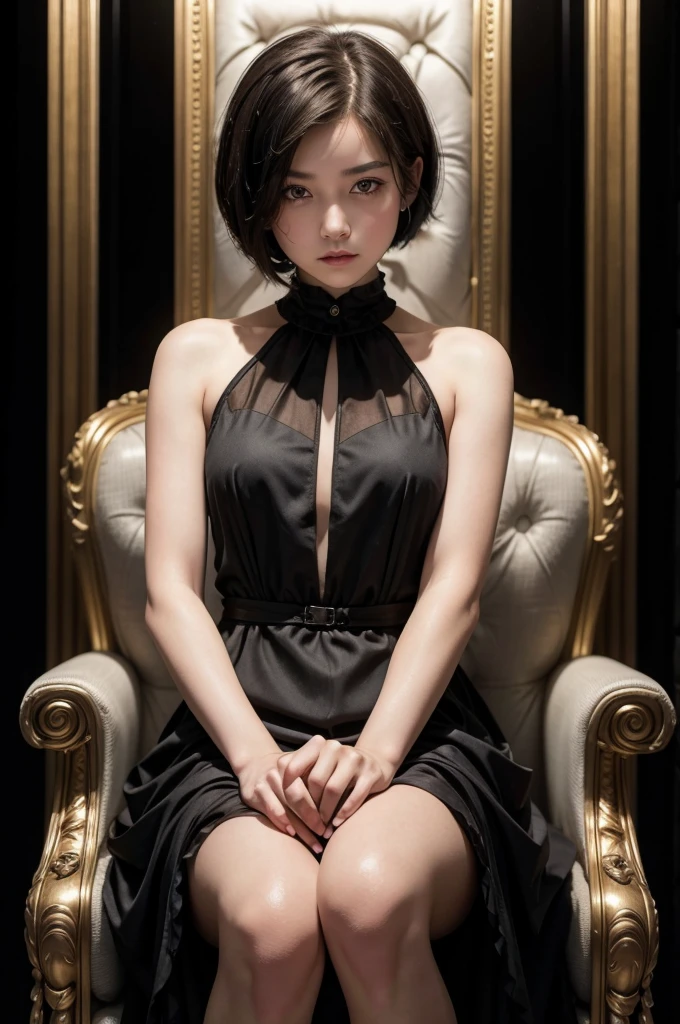 young, elegant girl in a black dress and short hair sitting on a throne