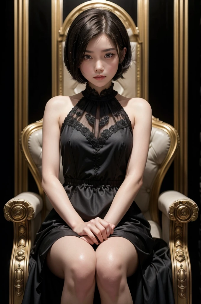 young, elegant girl in a black dress and short hair sitting on a throne