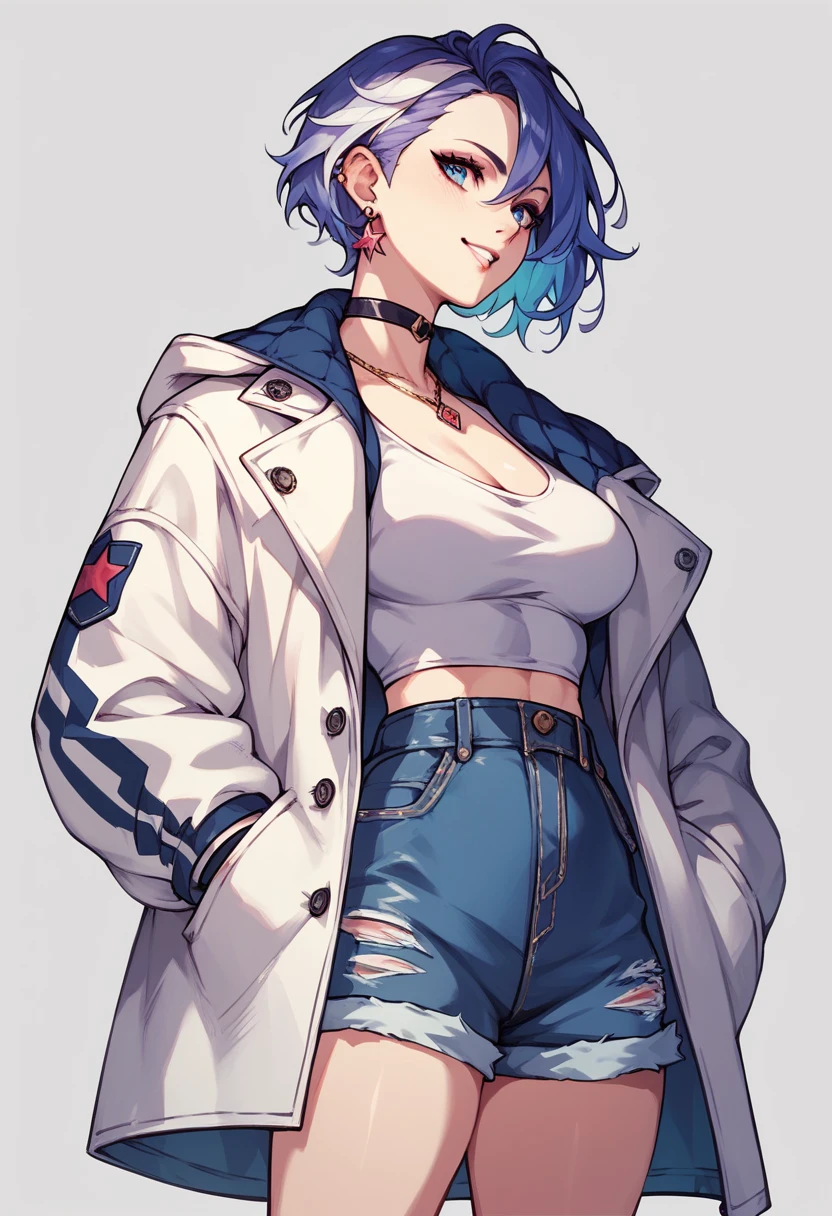 She has stripped off her tight skirt and shorts and is wearing only a white coat.