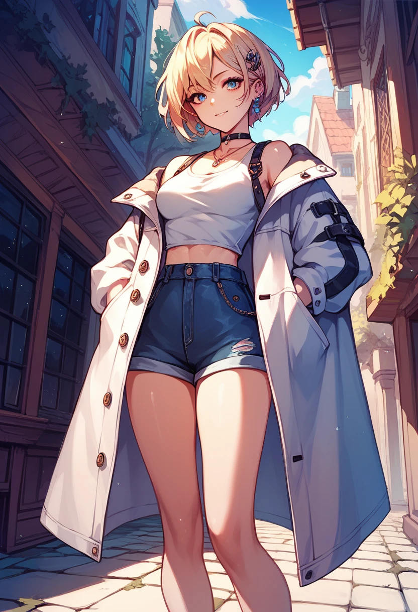 She has stripped off her tight skirt and shorts and is wearing only a white coat.