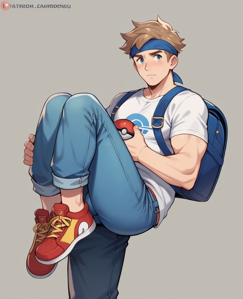 Lucía is a young girl of about ., of medium height and athletic build. He has long light brown hair, that reaches to the middle of his back, and usually wears it loose with a blue headband decorated with a small Poké Ball. His eyes are bright green, reflecting your curiosity and determination. He wears a light blue t-shirt with the Pokémon League logo, comfortable jeans and sturdy sneakers. He carries a blue backpack with white details where he keeps his Poké Balls and other essential items for his trips..with giant breasts