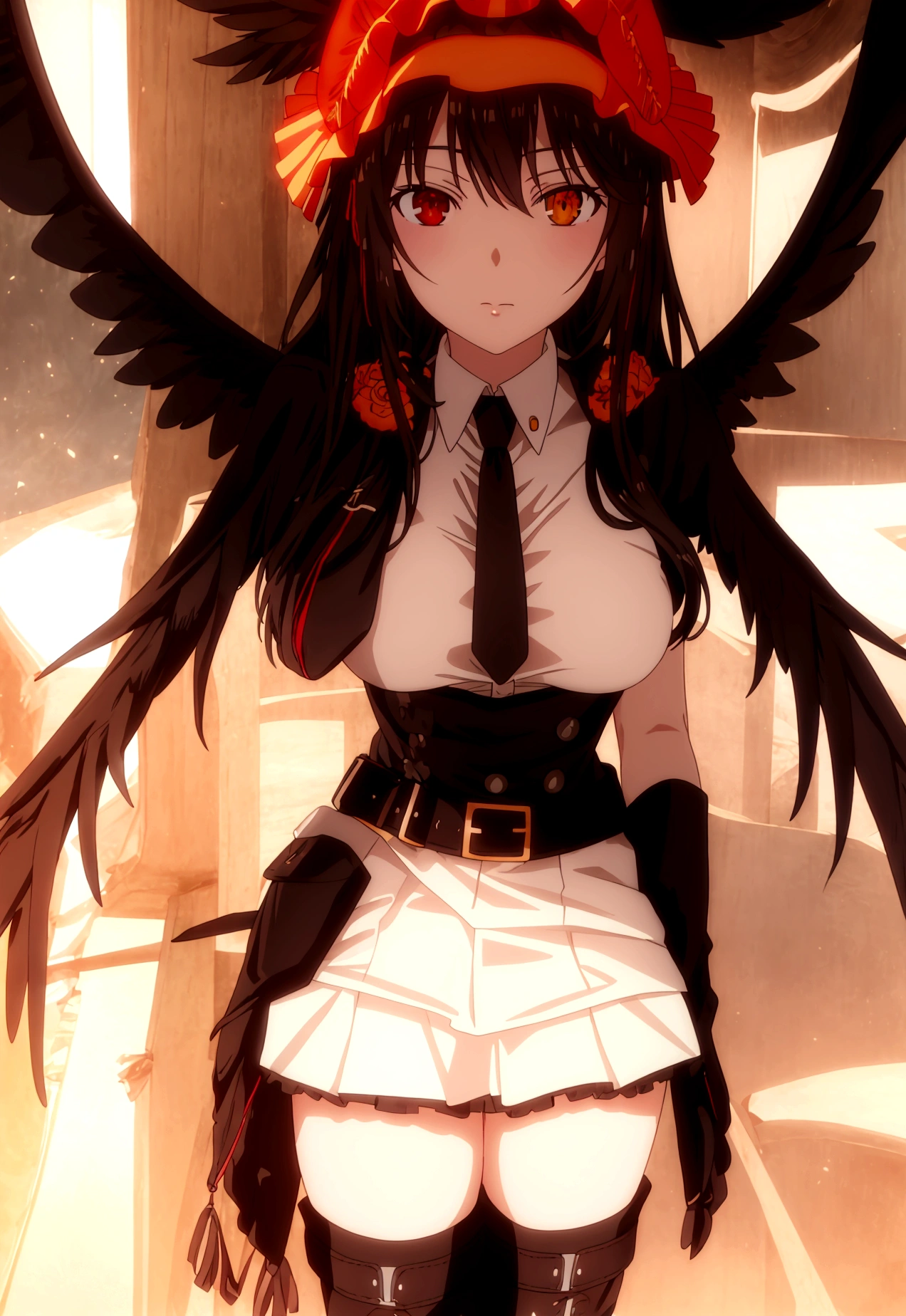 Anime adaptation for this character, (masterpiece) , (best quality), (ultra HD), 4K, tokisaki kurumi, tokisaki kurumi,vJirome, heterochromia, black hair, very long hair, orange eyes, x, ornament hair, large breast, white shirt, orange necktie, belt, pouch, black pants, thigh boots, military hat, black gloves, black wings, orange halo