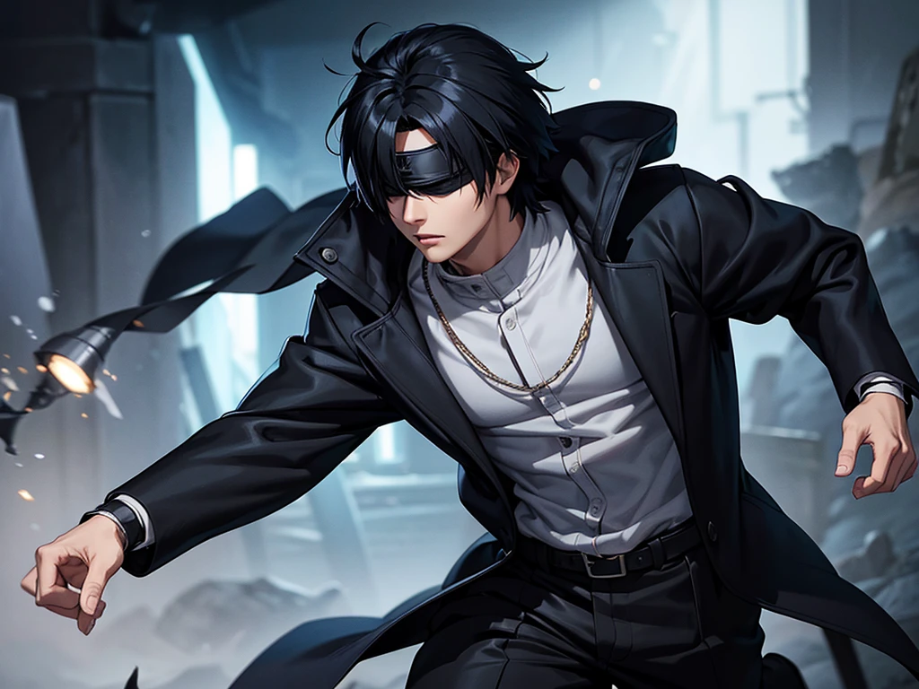 wears a coat covering his body, looks like Sasuke, has a blindfold, black hair, highly detailed, realistic, cinematic lighting, dynamic pose, cinematic composition, epic, dramatic