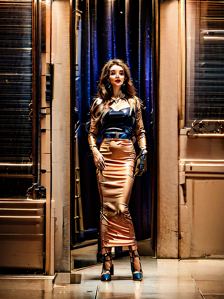 Realistic, photorealistic, RAW photo, ultra detailed, beautiful 20 years old woman, full length portrait, Woman in deep purple uniform, space ship's captain, looking to camera, little smile, hi-tech interior, glass and plastic interior, future world, sci-fi aesthetic, spaceport, space ship in sky, big windows, big hall, future lanscape, beautiful detailed face, cute face and eyes, dinamic pose, perfect anatomy, Slim physique, professional photoshoot, cinematic light, Centered image, dinamic, in motion, approaching perfection, canon 6d, fine facial traits, (depth of field), film grain, Kodak Portra 400, cinematic composition