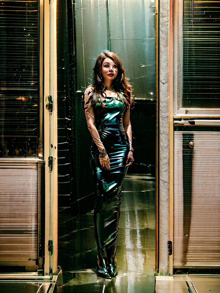 Realistic, photorealistic, RAW photo, ultra detailed, beautiful 20 years old woman, full length portrait, Woman in deep purple uniform, space ship's captain, looking to camera, little smile, hi-tech interior, glass and plastic interior, future world, sci-fi aesthetic, spaceport, space ship in sky, big windows, big hall, future lanscape, beautiful detailed face, cute face and eyes, dinamic pose, perfect anatomy, Slim physique, professional photoshoot, cinematic light, Centered image, dinamic, in motion, approaching perfection, canon 6d, fine facial traits, (depth of field), film grain, Kodak Portra 400, cinematic composition