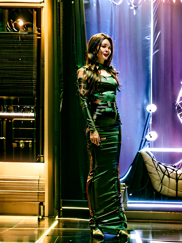 Realistic, photorealistic, RAW photo, ultra detailed, beautiful 20 years old woman, full length portrait, Woman in deep purple uniform, space ship's captain, looking to camera, little smile, hi-tech interior, glass and plastic interior, future world, sci-fi aesthetic, spaceport, space ship in sky, big windows, big hall, future lanscape, beautiful detailed face, cute face and eyes, dinamic pose, perfect anatomy, Slim physique, professional photoshoot, cinematic light, Centered image, dinamic, in motion, approaching perfection, canon 6d, fine facial traits, (depth of field), film grain, Kodak Portra 400, cinematic composition