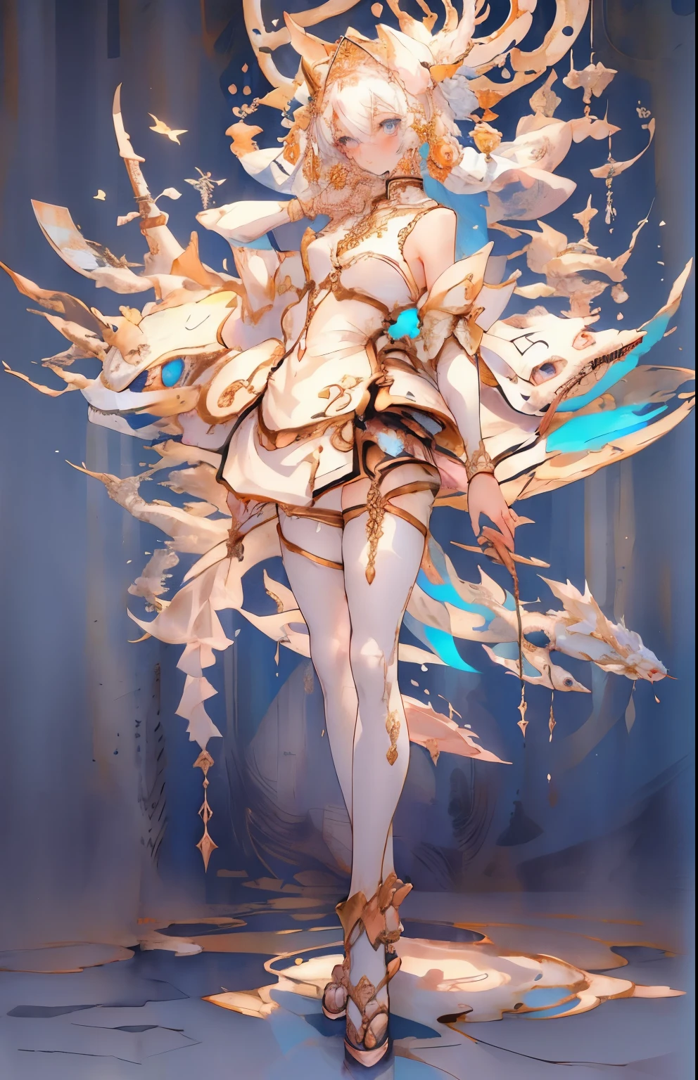 girl, fish, White hair, blue eyes, Peach Blossom, Humanity, , pipeline, Metal parts attached to the body, masterpiece, 8k Screenshots, Art Book，Art Books, arms, look back, Bend your knees, Raise your hand, Cat ear, wing, metal fish, pattern、bone、Pink elements、Bow、Pillow、gorgeous、Exquisite、jewelry、Unique hair accessories、veil、