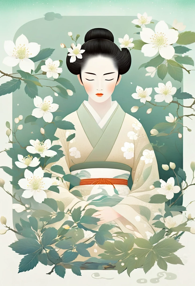 An illustration with soft tones and a dreamy feel。The characters in the picture are covered with a large number of small white flowers,Gives a hazy and mysterious visual effect。Ukiyo-e,Modern illustration elements。Tranquility、Pure atmosphere,Reminiscent of spring and new life。