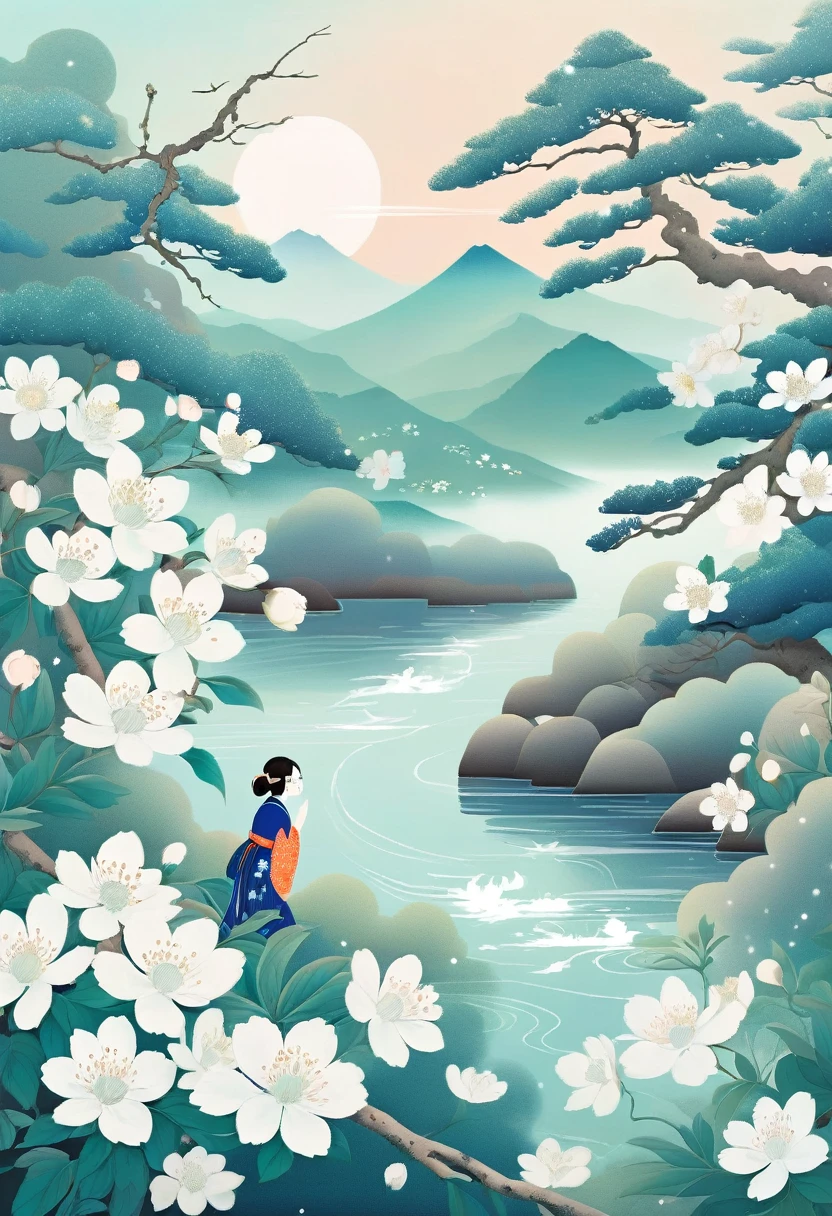 An illustration with soft tones and a dreamy feel。The characters in the picture are covered with a large number of small white flowers,Gives a hazy and mysterious visual effect。Ukiyo-e,Modern illustration elements。Tranquility、Pure atmosphere,Reminiscent of spring and new life。