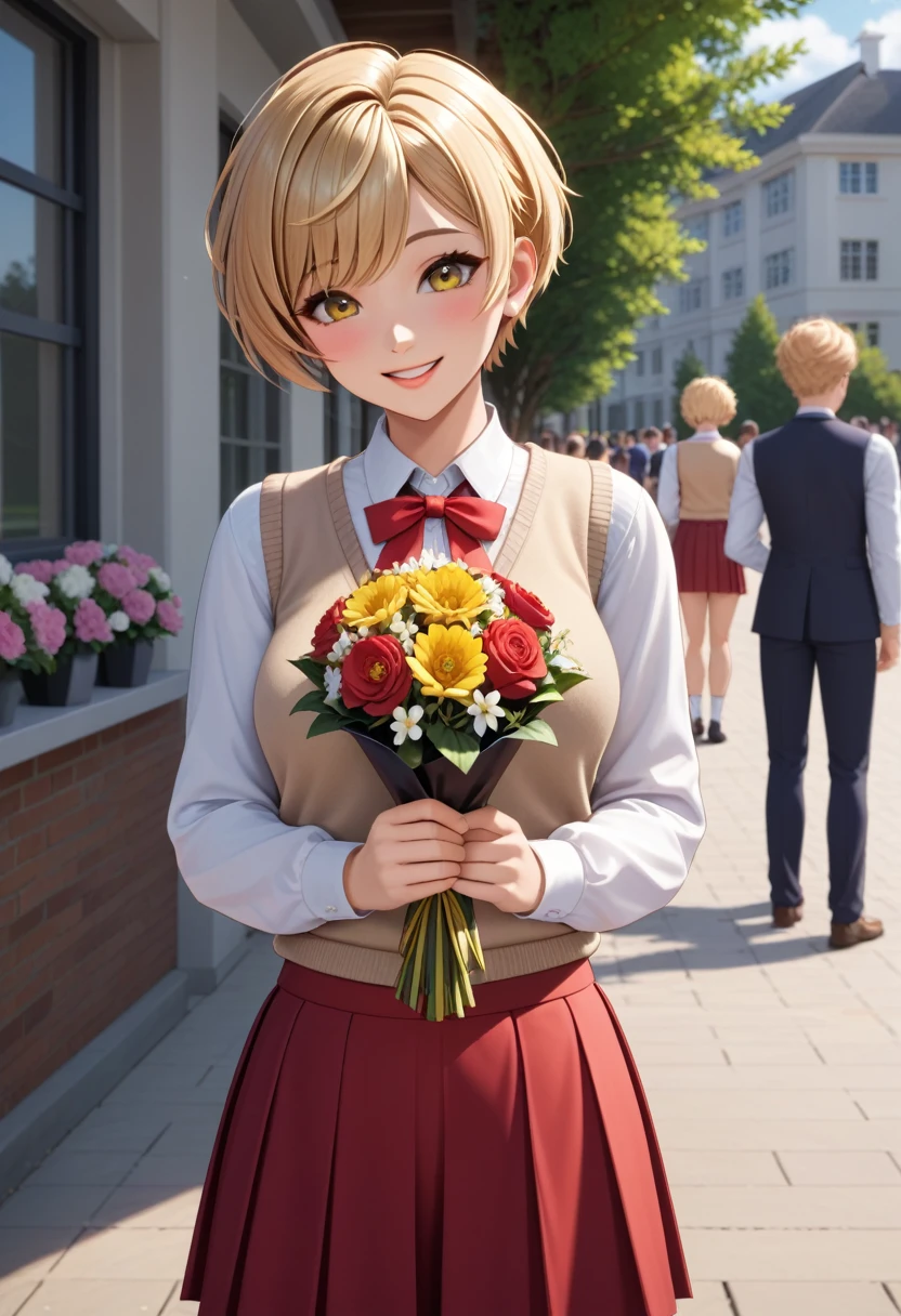 1girl, shy smile, holding a bouquet of flowers, yellow eyes, long bangs, fluffy short pixie hair, pixie haircut, light-blonde hair, standing, medium breasts, white shirt, beige sweater vest, neck ribbon, red skirt, school yard, masterpiece quality, intricate detail, 4k resolution, ultra hd