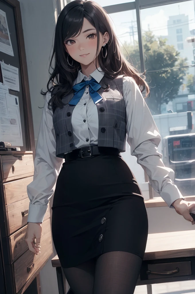 ((((1ladyl,))))  (masterpiece), (realistic), (best quality), (ultra-detailed),  amazing 30 years old wife,  pantyshot, long brown hair, office lady, Wearing a pink plaid vest, White short sleeved shirt, Gray pencil skirt, Wear stiletto heels, Necklace, earrings,  Cute face, Smile, Blushing, Shyness, Glass wall, Ultra Detail, Realistic, Front view, Whole body, (wearing in [[white and gray check pattern]] Vest worn over white collared long-sleeved shirt:1.4), (gray vest with buttons:1.2), (Pink Theme:1.2), (blue ribbon ribbon:1.3), (Black theme:1.4), (Tight black pencil skirt:1.5), ((Brown pantyhose)), (high-heels:1.1),longskirt,office desk, office chair,Lulubre Unity 8K Wallpaper, Beautiful background, clearly, Best Quality, The highest resolution, Best aesthetic,extremely detailed CG unity 8k,