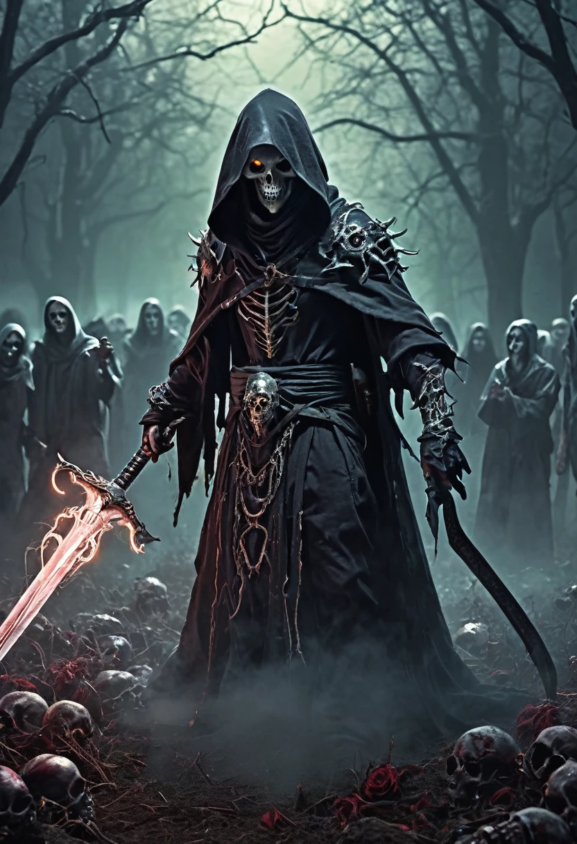 a picture of a man in a hoodedie holding a sword, necromancy, necromancer, neuromancy, insanity girl summon her death, udead summoning from ground, zombies coming out of the ground near man , summon, cyborg necromancer, necro, demon necromancer, necronomicon style, male necromancer, ghostly necromancer