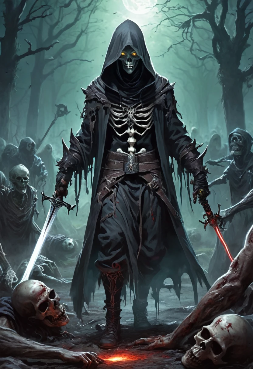 a picture of a man in a hoodedie holding a sword, necromancy, necromancer, neuromancy, insanity girl summon her death, udead summoning from ground, zombies coming out of the ground near man , summon, cyborg necromancer, necro, demon necromancer, necronomicon style, male necromancer, ghostly necromancer