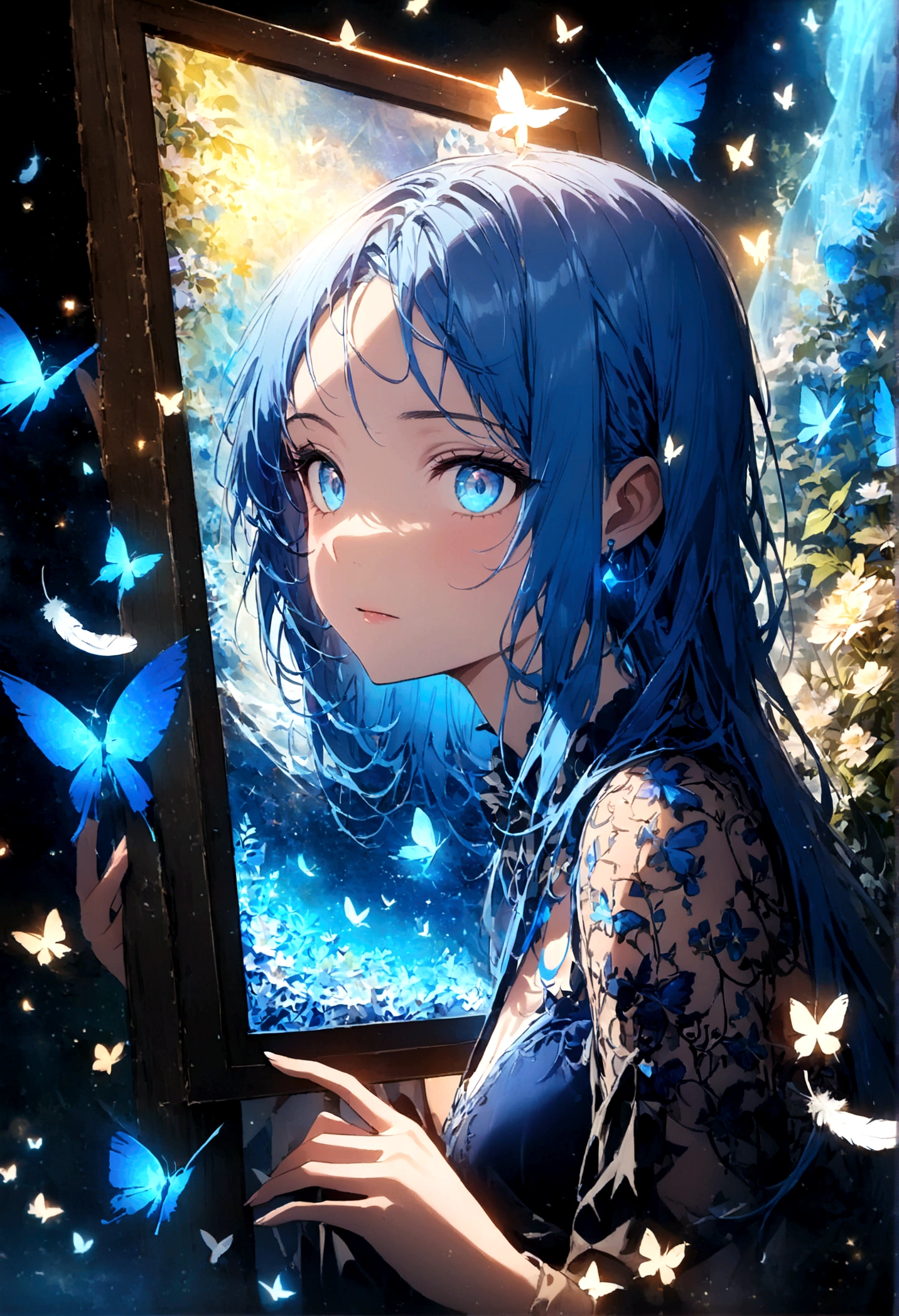 (masterpiece), (best quality), (ultra-detailed), anime style, (1 girl:0.1)(forest with river:0.8),(blue world:1.4), (dreamcore),(((blue hair:1.2))), long hair, (blue world:1.2), (feathers:1.3),(Starry sky in beautiful detail),BREAK (the screen is full of flowers, butterflies, and stars), (gold light effects:1.2), (luminous particles effects:1.2),(screen full blue light effects),